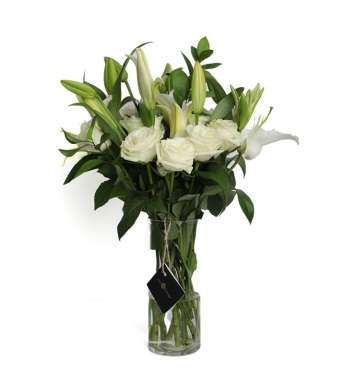 White Lilies And Roses In A Medium Vase