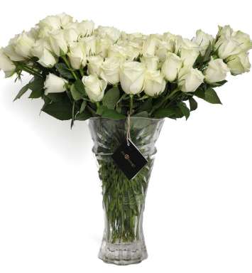 Blooming White Roses In Glass Vase