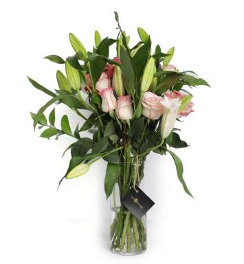 Pink Lilies And Roses In A Med. Long Vase