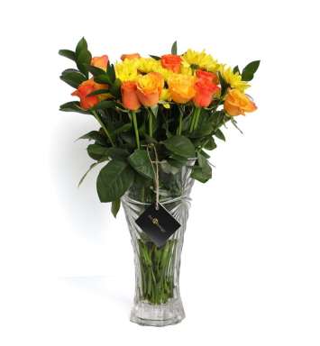 Bright Yellow Crysantemum and Orange Roses